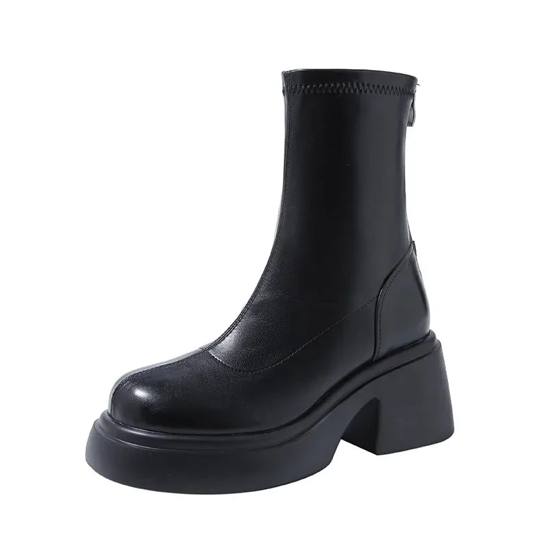 Hnewly Black Platform Women Ankle Boots Fashion Soft Leather Shoes Autumn Winter Thick Heel Women's Short Booties