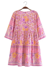 Hnewly  V neck Flower Print Single-Breasted Buttons Mini Dress Woman Spliced Ruched Pleated Short Sleeve Loose Robe Holiday