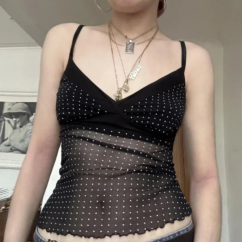 Hnewly  Goth Dark Fashion Polka Dot Print Straps Tanks Top Cyber Y2K Mesh See Through V-neck Crop Tops E-girl Slim Streetwear Mall Camis