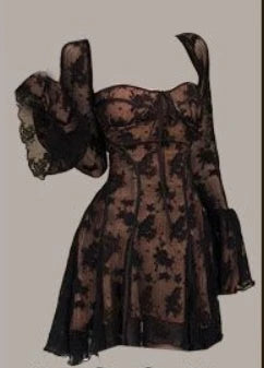 Hnewly Spring Vintage Lace Dress Women Casual Even Party Dress Korean Fashion Clothing Outwear Slim Bodycon Black Dress Female Y2k