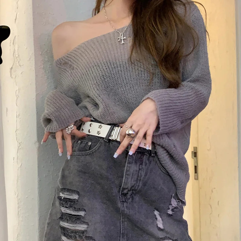 Hnewly Gothic Sweater y2k Clothes Women Solid Color Round Neck Long Sleeve Ripped Knitted Top 2000s Grunge Clothing Streetwear