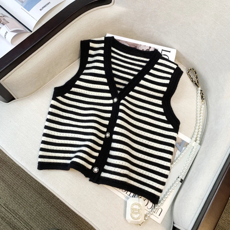 Hnewly  Spring V-Neck Striped Knitted Vest Korean Hollow Out Sleeveless Top Women's 2023 Autumn Loose All-Matched Outwear Cardigan Tank