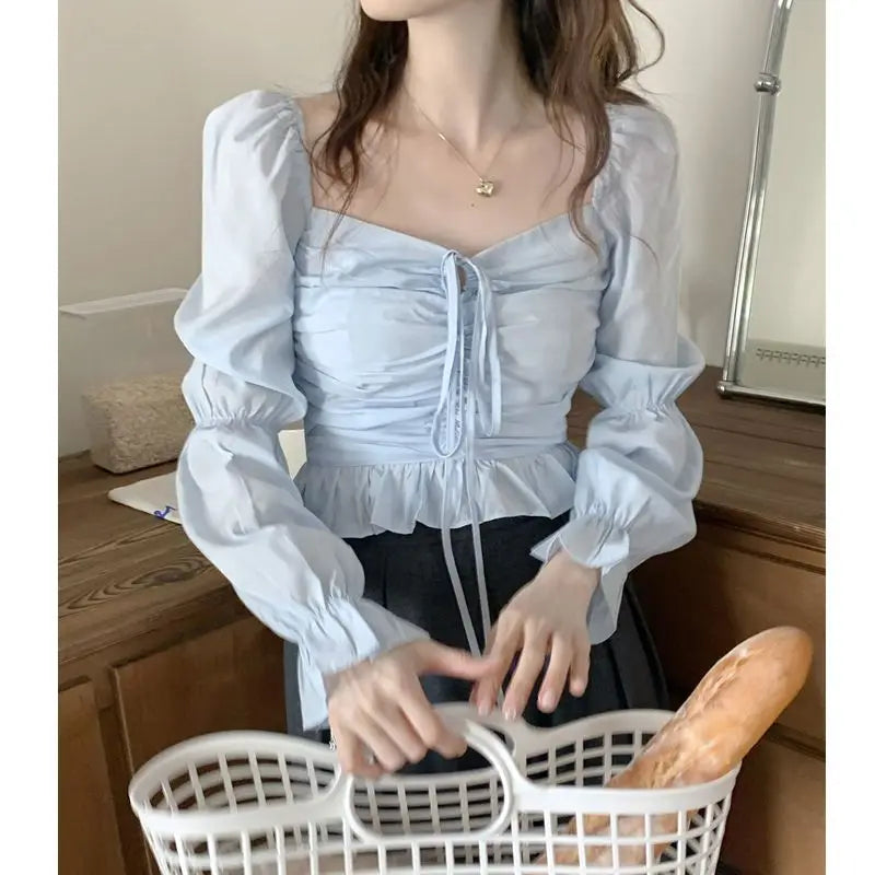Hnewly Blouses Women French Style Vintage Spring Flare Sleeve Design Aesthetic Clothing Bandage Navel Crop Top Camisa De Gasa Fashion