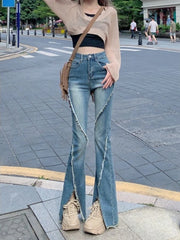 Hnewly  Slimming Vintage American Style Frayed Hem Flared Jeans Women High Waist Side Slit Floor Length Pants Autumn Casual Trousers