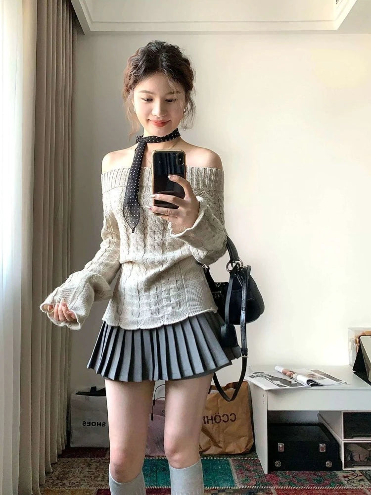 Hnewly Korean Style Sexy Off Shoulder Sweater Women Sweet Elegant Long Sleeve Knitted Pullover Cute Fashion Slim Up Sweaters