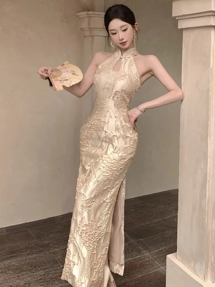 Hnewly  Woman Dress Stand Collar Sleeveless Floral Split Sexy Hollow Out Vintage Summer Fashion Temperament Dresses Party