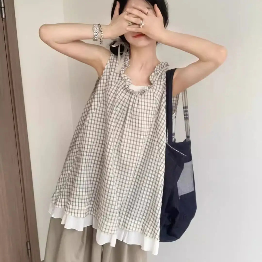 Hnewly New Reduced Aging Checkered Fake Two Piece Sleeveless Splicing Summer Lace Sweet Loose Strap Top Tank Top