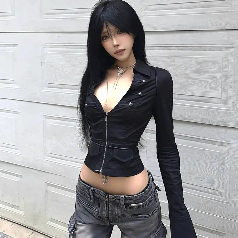 Hnewly  Y2k Fashion Sexy V-neck Slim Fit Top for Women Casual All-match Long Sleeve Blusas Mujer 2025 Spring New Black Blouses