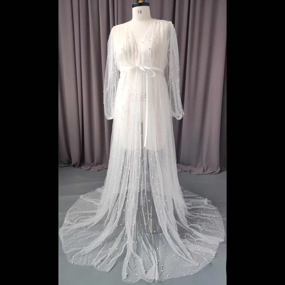 Hnewly  Sexy Transparent Pearl Robe Boho Bride Maternity Robe Wedding Robe Overdress Boudoir Robe Soft Tulle Pearl Wedding Bridal