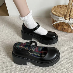 Hnewly Platform Heels Mary Jane Shoes Simple Lolita Black Platform Heeled Shoes Student College Sweet Medium Heel Women Single Shoes