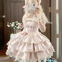 Hnewly  New Japanese Original Ballet Style Lolita Pink Dress Doll Feel Strap Dress Sweet Cute Girl JSK Puffy Princess Dresses