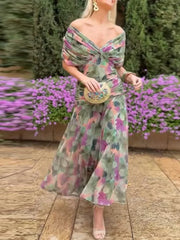 Hnewly  Elegant Off Shoulder V Neck Female Pleated Dress Fashion Printed Women Long Dresses Summer New Lady Beach Vacation Vestidos