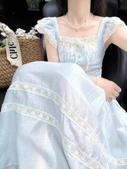 Hnewly  Summer Sweet Fly Sleeve Blue Bownot Fairy Dress Slim French Style Patchwork Lace Dress A-line Women Casual Dress