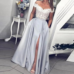 Hnewly  Off The Shouder Prom Dresses Women Formal Party Elegant Satin Vestidos De Gala Appliques Lace High Split Long Evening Gowns