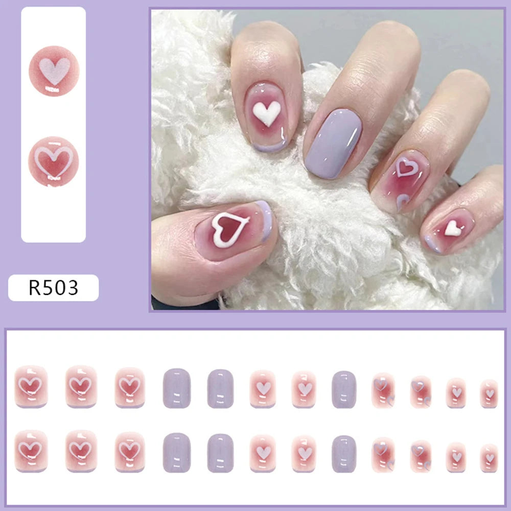 Hnewly 24pcs Gradient False Nails Cute Star Printed Design Fake Nail Short Square Faux Ongles Manicure Nail Stickers Press On Nail Tips