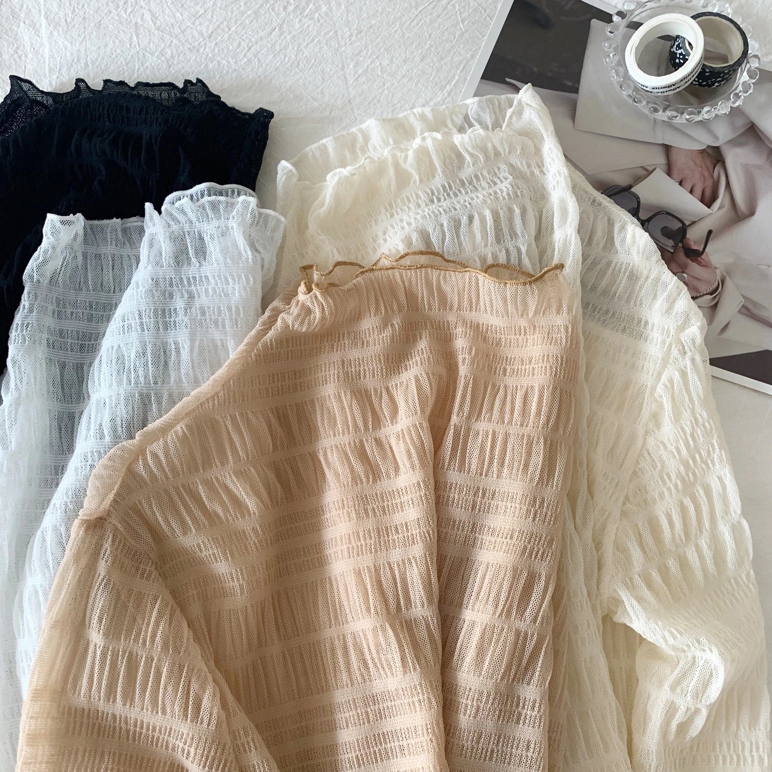 Hnewly Women T-Shirts Vintage Pleat Long SleeveTop Spring Autumn Mesh Fabric Lace Half Turtleneck Korean Fashion All-match Shirt