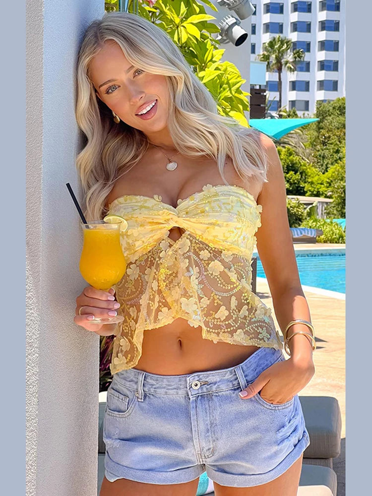 Hnewly Sequins Applique Corset Tops Women Y2K Patchwork Mesh Wrapped Kink Splits Sexy Summer Trend Midnight Party Chic Tops