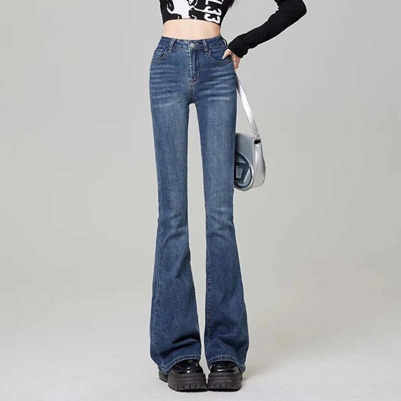 Hnewly Women Vintage High Street Bell Bottom Jeans Lady Sexy Slim Fit Denim Flare Pants Deep Blue Light Blue Black Blue Gray Trousers