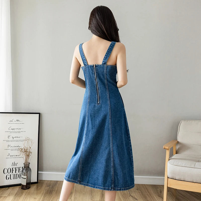 Hnewly  Denim Spaghetti Strap Dress New Summer Women's Retro Strap A-Line Dress Classic Blue Tea-Length Versatile Slim Sun Dresses