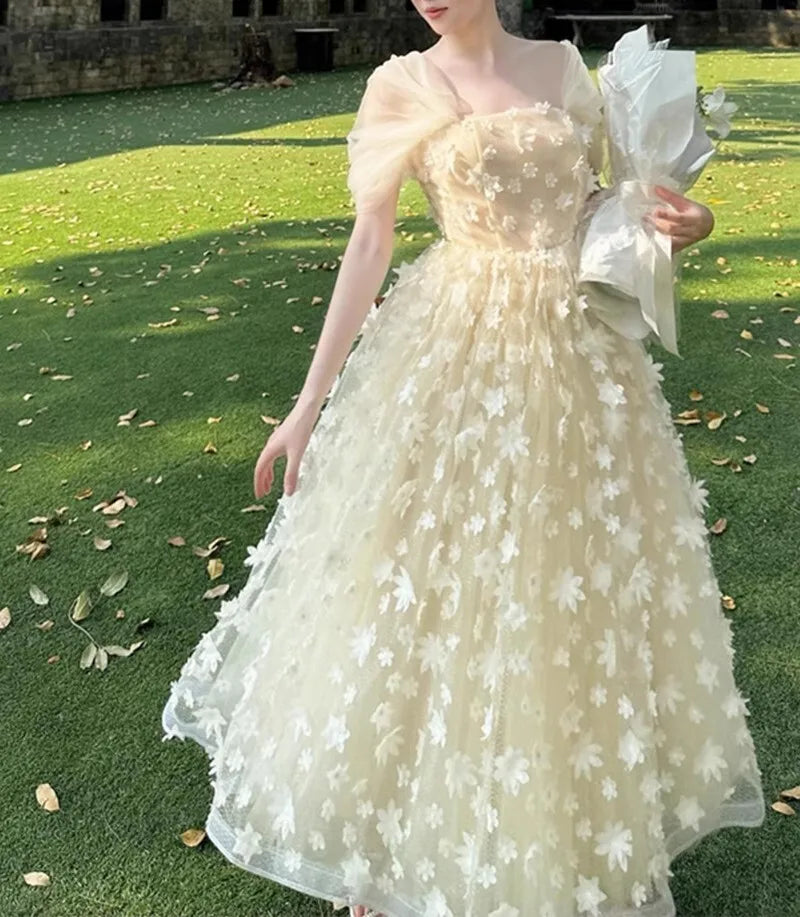 Hnewly Fashion Women Dress Sleeveless Square Collar 3D Flowers Lace Patchwork Female Summer Party Dresses New Tide