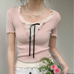 Hnewly  Fashion Bow Knot Design O-Neck Spicy Girl Top Streetwear Patchwork Slim Tees for Women Summer New Flared Sleeve Blouse Ladies