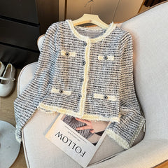 Hnewly  Fashion Sweet Tweed Jacket Women 2025 Autumn New Luxury Single-breasted Short Coats O-Neck Long Sleeve Elegant Female Outwear