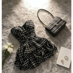 Hnewly  Summer Plaid Halter Dress Women's Small Waist Cinching Design Elegant Slimming Short Skirt Korean Style High Waist A-Line Skirt