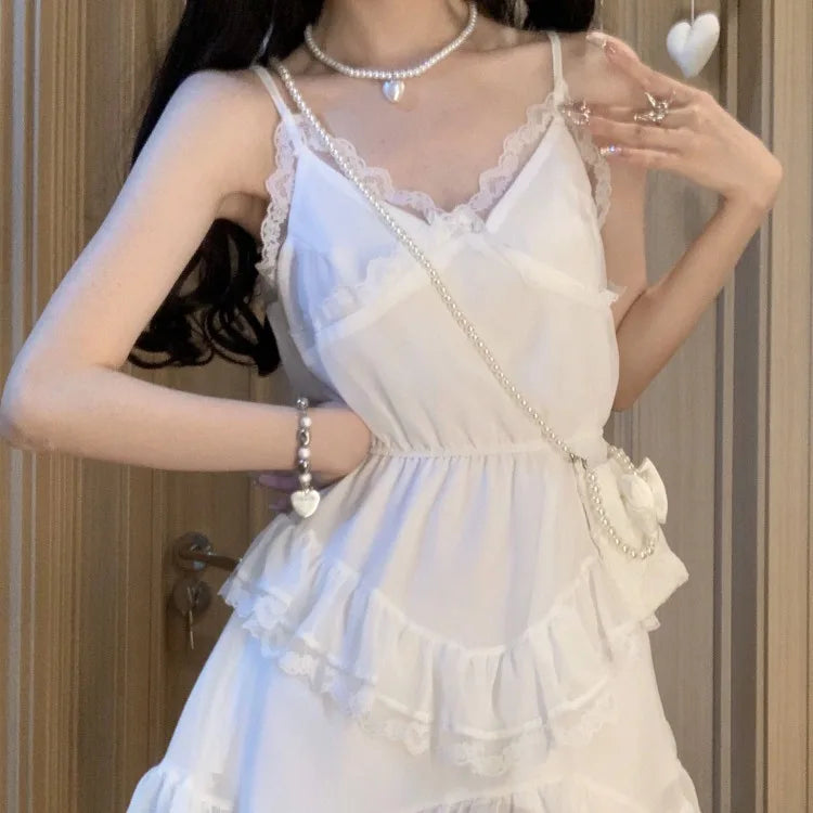 Hnewly Irregular Lace Patchwork Camisole Dresses 2025 Summer New V-neck Dress for Women Y2k E-Girl Slim Waist Ruched Vestidos Mujer