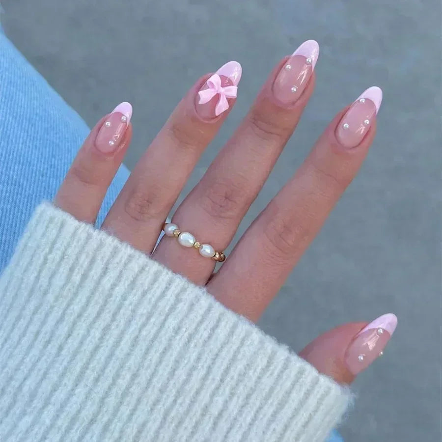 Hnewly 24Pcs White Almond False Nails Ballet with French Design Wearable Fake Nails Gradient Simple Full Cover Press on Nail Tips Art