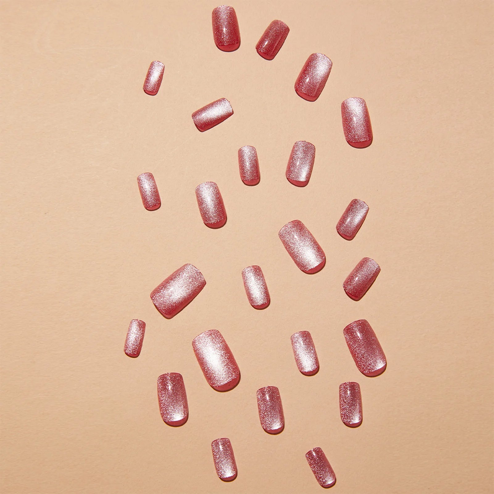 Hnewly 24pcs Pink Shiny Press-on Nails Cat Eye Glitter Artificial Nail Patch For Lady Women Manicure DIY Art Supplies with Jelly Glue