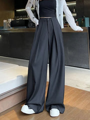 Hnewly  White Suit Pants for Women Elegant Office Front Pleated Dress Pants Fashion Wide Leg Straight Black Formal Trousers