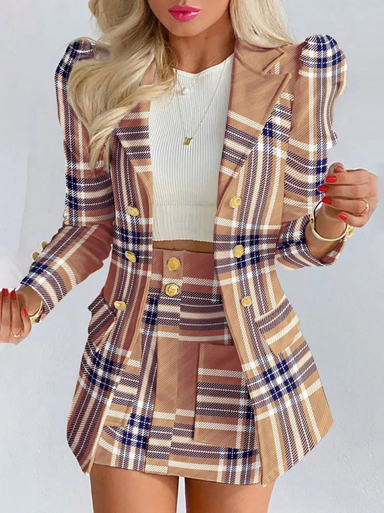 Hnewly Spring Autumn New Printed Suit Set Short Skirt Women's Temperament Slim Tops Coat + Half Mini Skirt Female Office Suit Sets Kirt