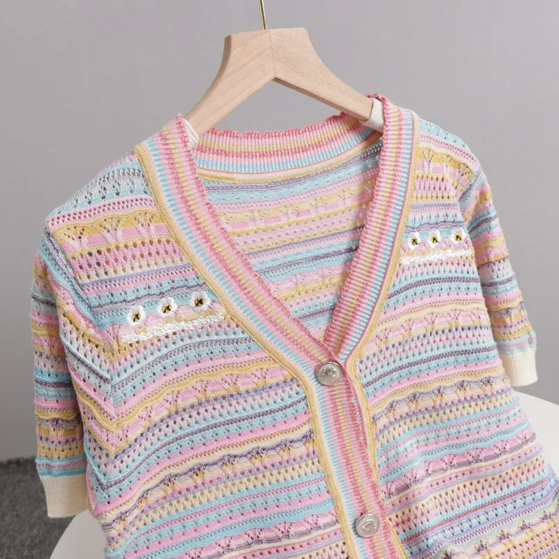 Hnewly Rainbow Striped Knitted Sweater For Women's 2025 Summer New  Thin Short Sleeved V-neck Hollow Out Holiday Sun Protection Top