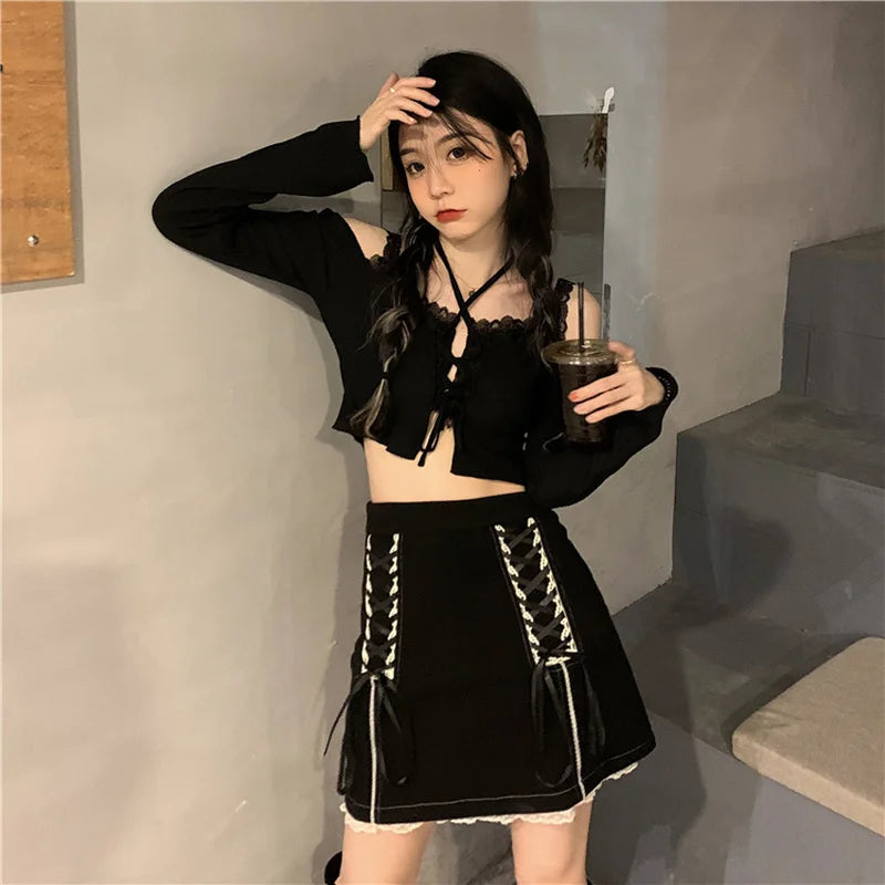 Hnewly Black Lace Goth Skirt Women Streetwear Chic Belt Mini Fairy Grunge Skirts Patchwork Design Sexy Causal Skirts Womens Summer