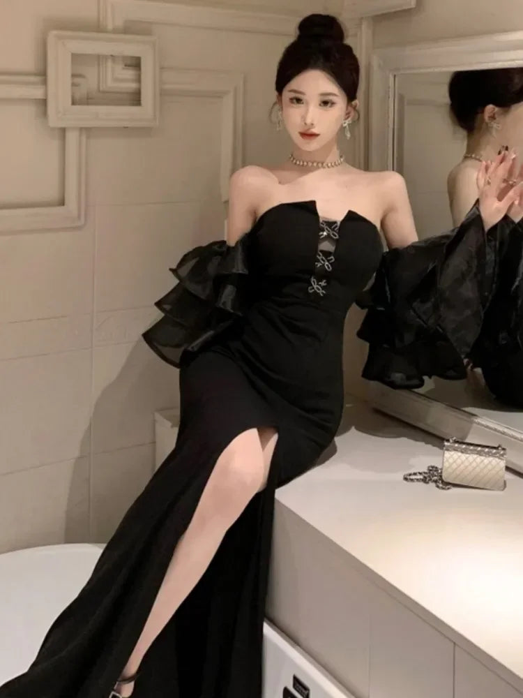 Hnewly DRESS TO IMPRESS Elegant Party Dress Women High End Lantern Sleeve Strapless High Waist Split Long Dresses Korean Fashion Slim Vestidos