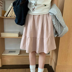 Hnewly  Japanese Style Elastic Waist A Line Skirt Women Summer High Waisted Knee High Skirts Woman College Pocket Solid Color Skirt
