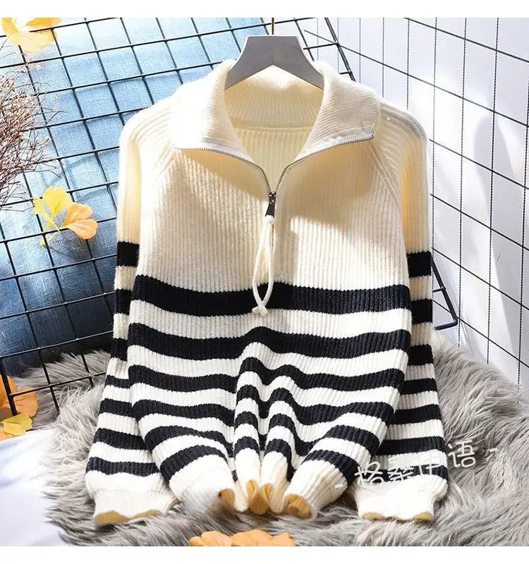 Hnewly  Half Zipper Stripe Pullover Sweater  Women Loose Knitted Base Shirt  2025 Spring /Autumn Japanese Style Long Sleeve Pullover Top