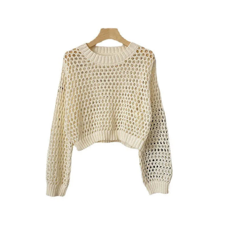 Hnewly Hollow Sun Protection Shirt Women's Summer Loose Pullover O-Neck Puff Long Sleeve Air Conditioning Knitwear Korean Retro Top