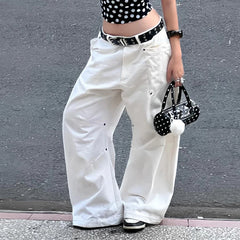 Hnewly  White Streetwear Wide-Leg Jeans For Women Chic Y2k Low Waist Denim Pants Harajuku All match Loose-Fit Trousers Casual