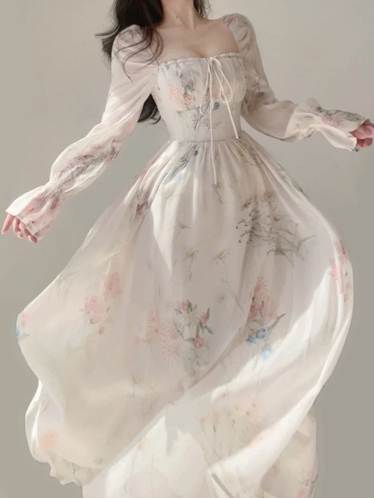 Hnewly  Summer Elegant Floral Fairy Dress Woman Beach Style Party Long Sleeve Midi Dress Fashion Female One Piece Dress Korean Boho