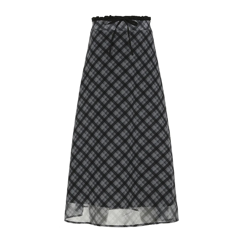 Hnewly Preppy Style Plaid Print Mesh Skirt Casual All-match Loose A-line Long Skirts for Women Summer Retro Skirt Korean Fashion
