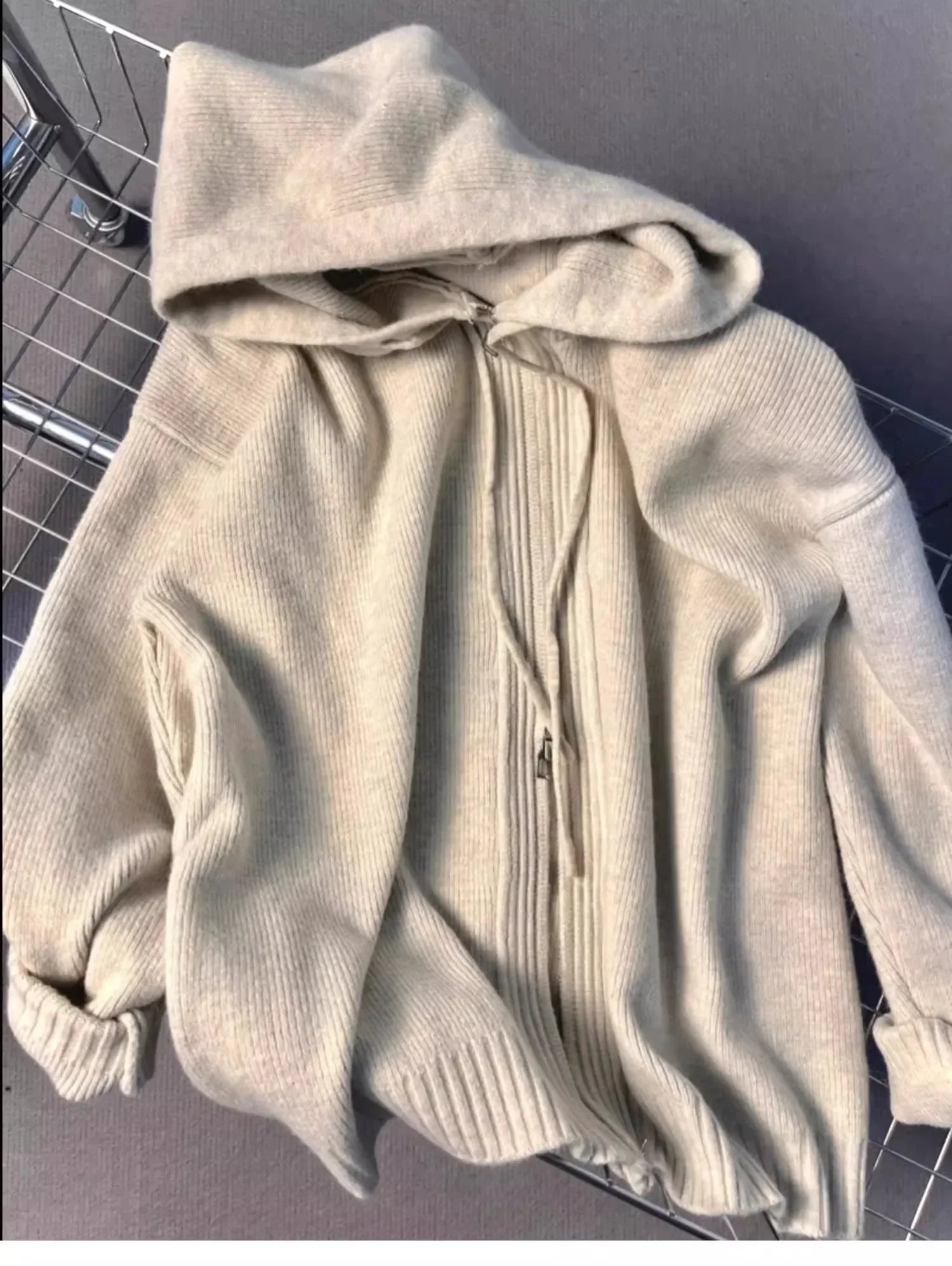 Hnewly Gray Hooded Sweater Coat Autumn Winter Double Zipper Long Sleeve Loose Fashion Korean Soft Thickened Knitted Tops Coats