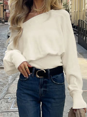 Hnewly  Autumn Winter Solid Knitted Pullover Women Loose Off Shoulder Slash Neck Long Sleeve Casual Warm Sweater