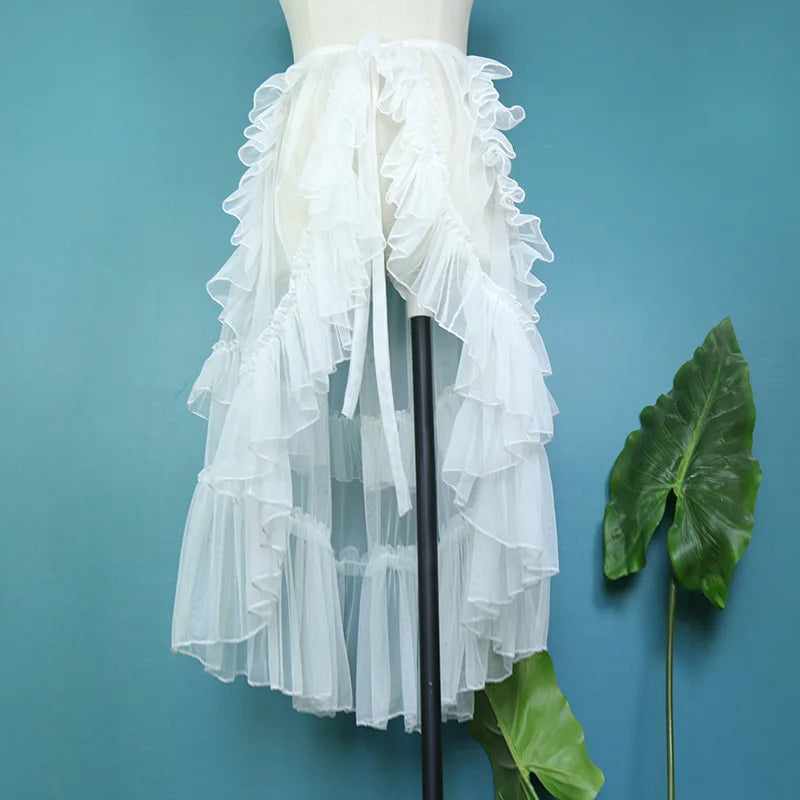 Hnewly  Luxury Bride Wedding Gauze Overskirts Perspective Asymmetric Ruffles High Waist Lolita Clothes Mid-long Mesh Fairy Skirts