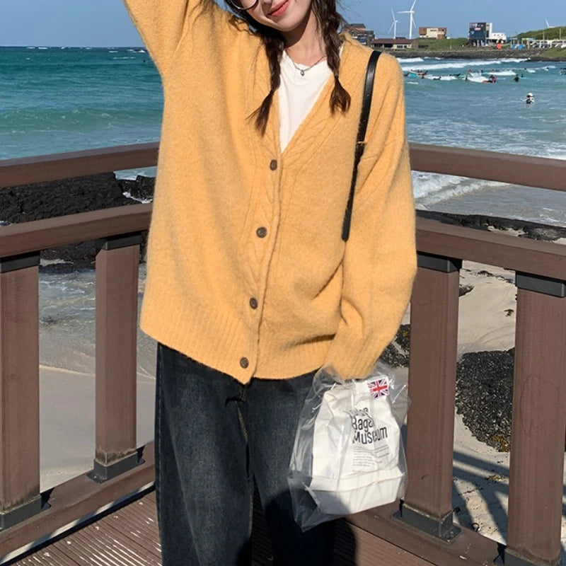 Hnewly  Slouchy Knit Cardigan Sweater for Women Comfy Cable-knit Button Up Sweater Jacket Female Autumn Winter Vintage Outfit