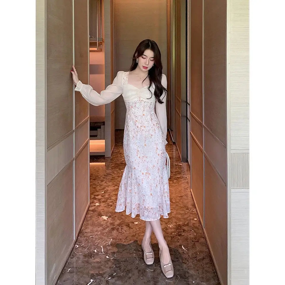Hnewly Vintage Floral Trumpet Dress Women French Sweet Long Sleeve Fairy Midi Dress Female Autumn Evening Elegant Princess Dresses