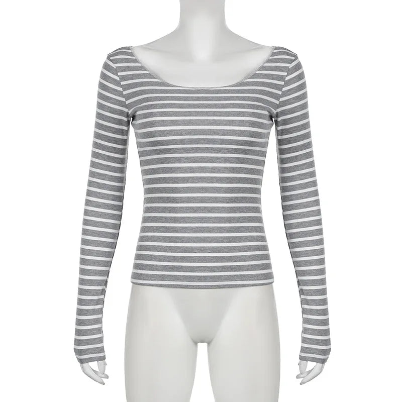 Hnewly Grunge Top y2k Clothes Women Cybercore Striped Off Shoulder Long Sleeve T Shirt 2000s Gothic Clothing Fall Streetwear