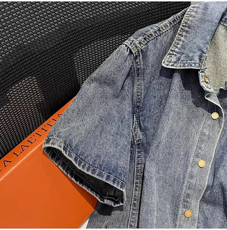 Hnewly  Retro Denim Jacket Women's 2025 Summer New Loose Versatile Short Sleeved Top Large Size Single Breasted Turndown Collar Shirt