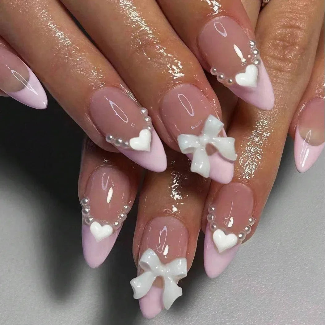 Hnewly 24Pcs Cat Eye Press on Nails with Almond Head Bow Diamond Stick on False Nail Sweet Pink French Full Cover Artificial Nails Tips