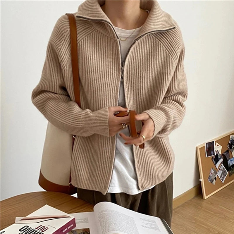 Hnewly  Rib Knit Zip Up Cardigan for Women Zipper Front Raglan Long Sleeve Sweater Jacket Coat Comfy Knitwear Fall Winter Vintage Outfit